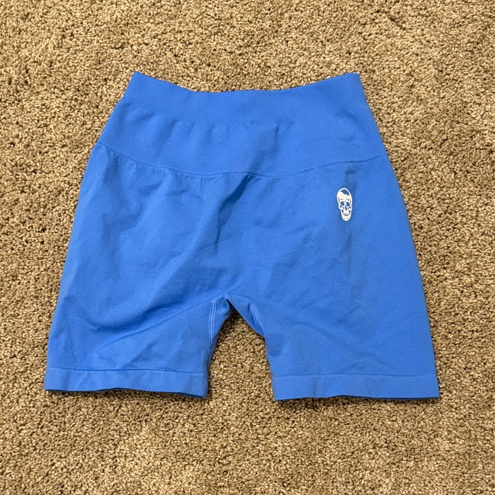 Royal Blue High-Rise Athletic Bike Shorts with Skull Accent